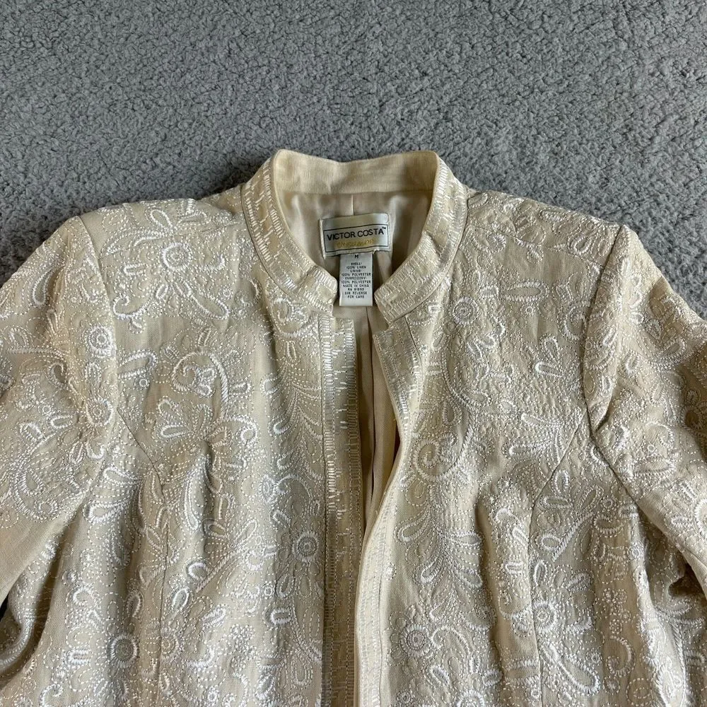 NEW Victor Costa Jacket Womens Medium Beige Blazer Linen Embroidered Floral Open